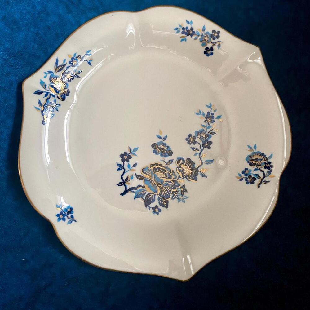 Vintage Lenox Pagoda Ivory Gold Rim Blue Floral Accent Cake Dish Serving Platter